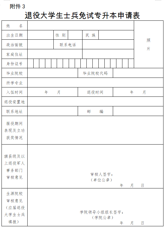 2023年内蒙古退役大学生士兵免试专升本申请表
